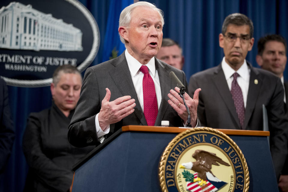 Attorney General Jeff Sessions speaks at a news conference on Oct. 16, 2018, at the Justice Department. (Photo: Andrew Harnik/AP)