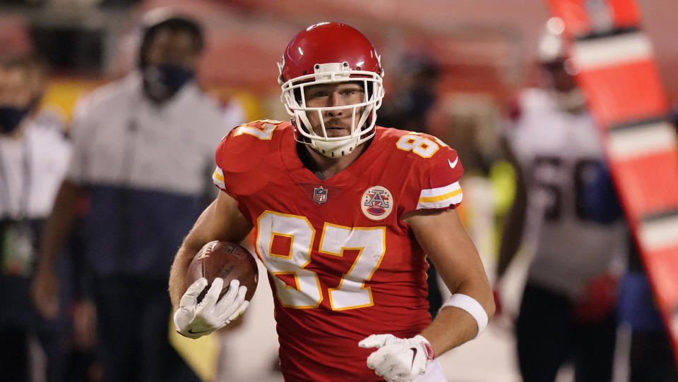 Kansas City Chiefs tight end Travis Kelce runs up field after making a reception during the second half of an NFL football game against the New England Patriots, Monday, Oct. 5, 2020, in Kansas City. (AP Photo/Charlie Riedel)