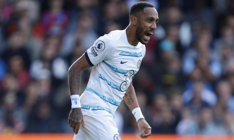 Pierre-Emerick Aubameyang celebrates after scoring his first goal for Chelsea.