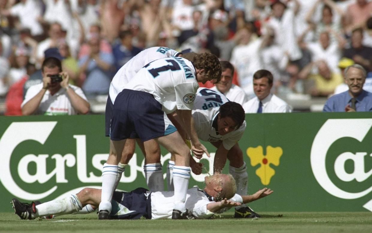 Paul Gascoigne of England celebrates scoring England's second goal in the England v Scotland match in Group A of the European Football Championships at Wembley. England beat Scotland 2-0 - GETTY IMAGES