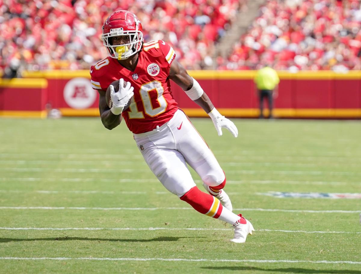 Kansas City Chiefs running back Isiah Pacheco celebrates with fans after a  win against the Jacksonville Jaguars during an NFL Divisional Playoff  football game Saturday, Jan. 21, 2023, in Kansas City, Mo. (