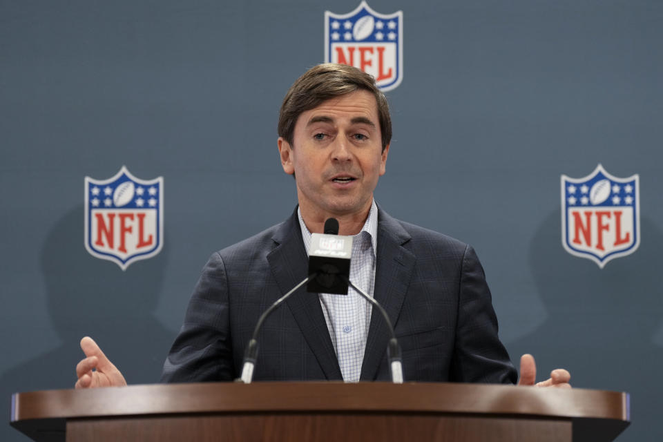 The NFL's head of international affairs Peter O'Reilly speaks during a news conference at the football league's owners spring meetings Tuesday, May 21, 2024, in Nashville, Tenn. (AP Photo/George Walker IV)