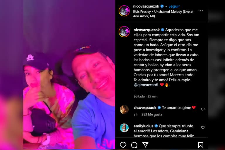 Nico Vázquez le dedicó un tierno posteo a su esposa, Gimena Accardi (Foto Instagram @nicovazquezok)