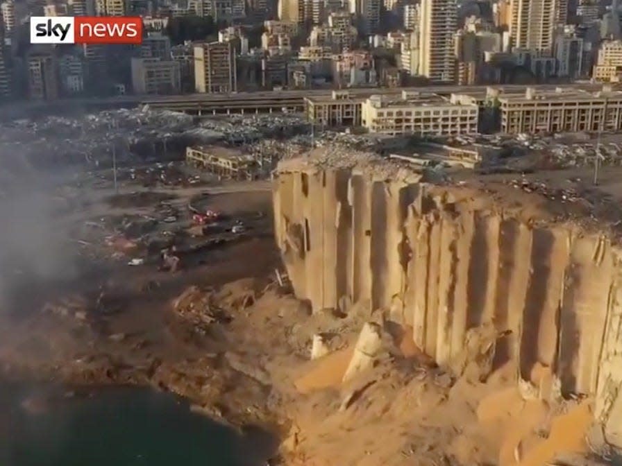 An aerial image broadcast by Sky News showing the Beirut port after the explosion on August 4, 2020.