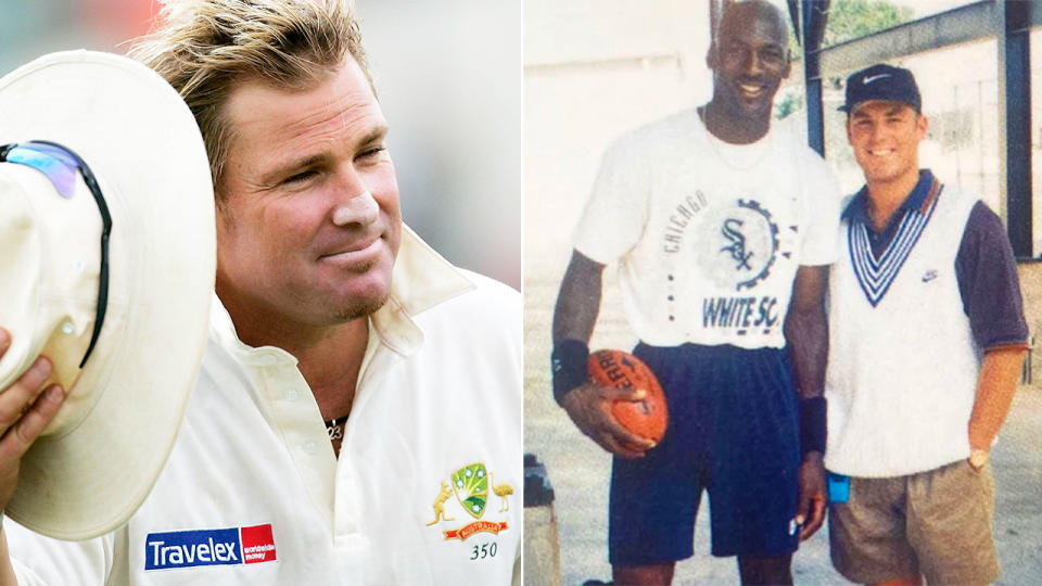 Shane Warne and Michael Jordan after pictured together on the right after meeting for a Nike promo shoot in 1994. 