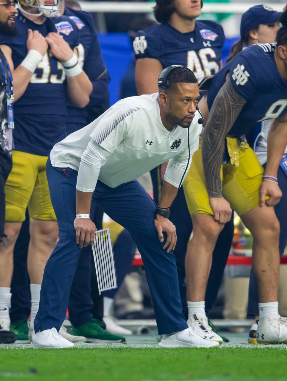 Jan 1, 2022; Glendale, Arizona, USA; Notre Dame Fighting Irish head coach Marcus Freeman against the Oklahoma State Cowboys in the 2022 Fiesta Bowl at State Farm Stadium. Mandatory Credit: Mark J. Rebilas-USA TODAY Sports