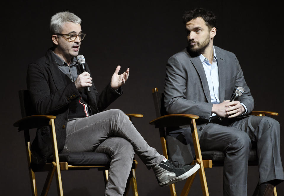 Alex Kurtzman, left, director of the upcoming film "The Mummy," and cast member Jake Johnson discuss the film during the Universal Pictures presentation at CinemaCon 2017 at Caesars Palace on Wednesday, March 29, 2017, in Las Vegas. (Photo by Chris Pizzello/Invision/AP)