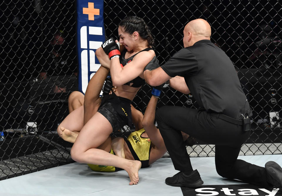 ABU DHABI, UNITED ARAB EMIRATES - JULY 19: (R-L) Ariane Lipski of Brazil secures a knee bar submission against Luana Carolina of Brazil in their flyweight bout during the UFC Fight Night event inside Flash Forum on UFC Fight Island on July 19, 2020 in Yas Island, Abu Dhabi, United Arab Emirates. (Photo by Jeff Bottari/Zuffa LLC via Getty Images)