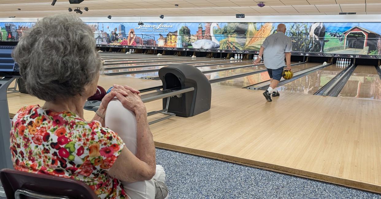 Ken Rowe, an 83-year-old retired nursing assistant, sends his ball down the lane at Leisure Lanes between Mountville and Lancaster on Aug. 26, 2024. Rowe said 'All of the years I’ve voted ... this is the worst I’ve ever experienced. I don’t know if I’ll even vote at all. His companion said that she is a Republican, but there is no way she would vote for Trump.