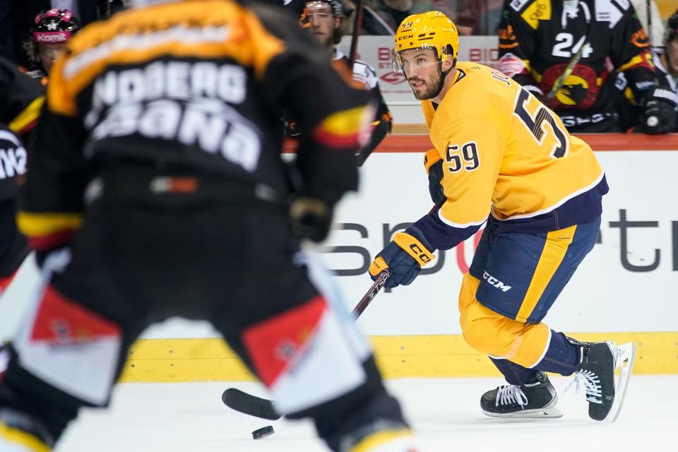 Nashville Predators defenseman Roman Josi (59) skates with the puck against SC Bern during the first period of an NHL Global Series Challenge game at PostFinance Arena in Bern, Switzerland, Monday, Oct. 3, 2022.