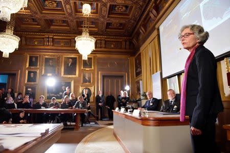 Nobel Committee for Physics member Olga Botner, Professor of Experimental Elementary Particle Physics, explains the work on observing gravitational waves, during the announcement of the winners of the Nobel Prize in Physics 2017, in Stockholm, Sweden, October 3, 2017. TT News Agency/Jessica Gow via REUTERS