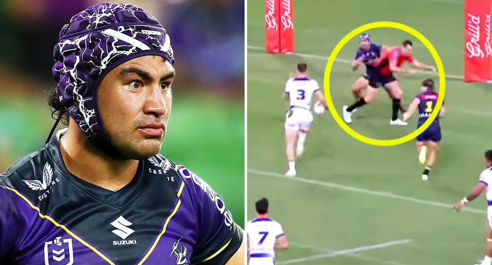 Jahrome Hughes will miss Melbourne's round three match against the Knights after accepting a one-match ban for pushing referee Chris Butler in the Storm's dramatic 30-26 win over the Warriors on Saturday night. Image: Getty/Fox Sports.