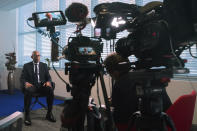 Simon Stiell sits for an interview to discuss his new role as the executive secretary of the U.N. Framework Convention on Climate Change, Thursday, Sept. 22, 2022, at U.N. headquarters. Coming from Grenada, a country hit hard by climate, gives him “a deep understanding,” but Stiell says his new job means “I also have to factor in the positions of some of those richer nations” and bring everyone together. (AP Photo/Bebeto Matthews)