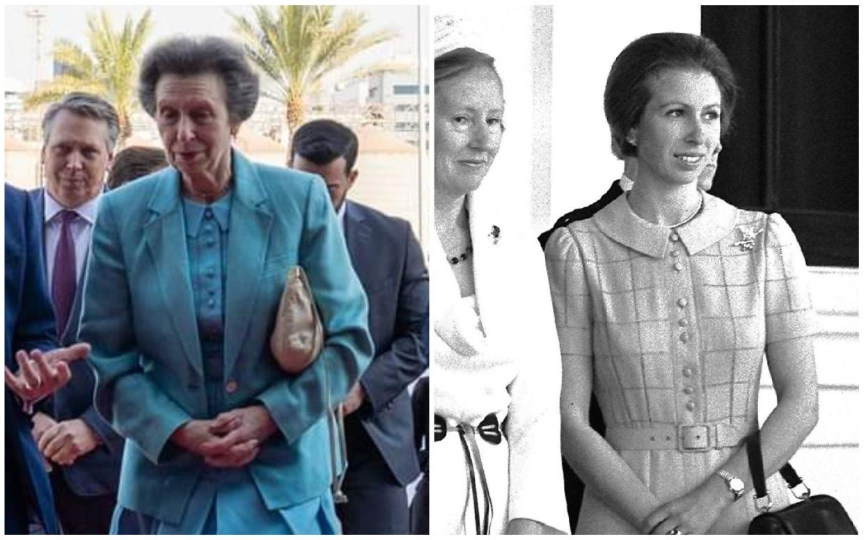 Princess Anne wearing the same dress on a recent visit to Dubai (left) and in 1978