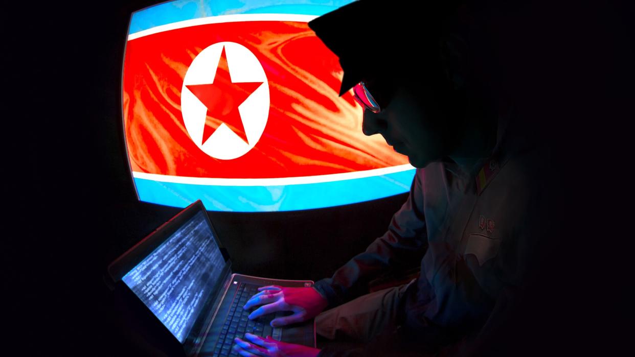  Hacker silhouette working on a laptop with North Korean flag on the background. 