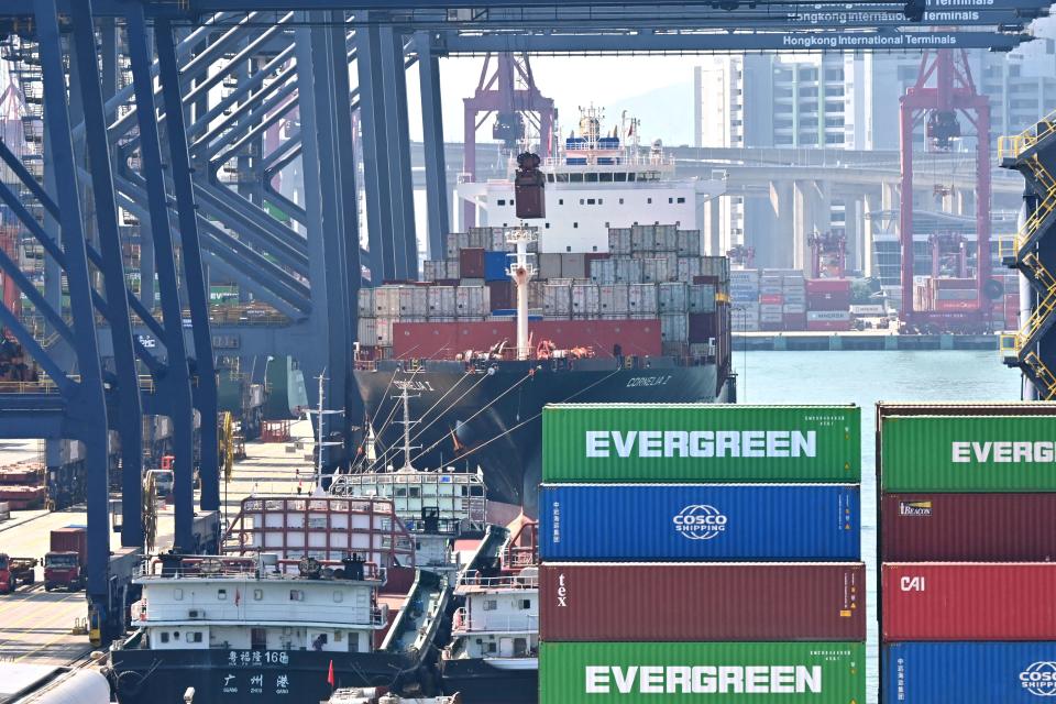 This photo taken on November 16, 2021 shows a container ship docked at Kwai Chung container terminal in Hong Kong. (Photo by Peter PARKS / AFP) (Photo by PETER PARKS/AFP via Getty Images)