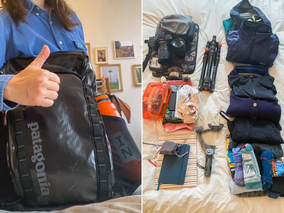 Left image: The author's blue button-down shirt is seen behind the packed black backpack with an orange water bottle on the side. Her hand give a thumbs up in front of the bag. Right image: (From top to bottom and left to right): The author's work gear, toiletries, and folded clothing selection on top of a white sheet