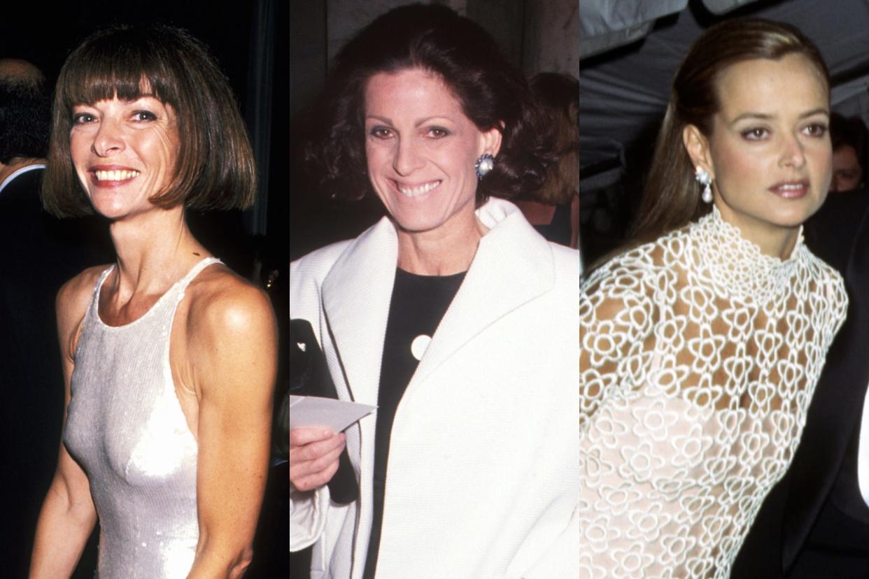 Three 1995 images show Anna Wintour, Annette de la Renta, and Clarissa Bronfman.