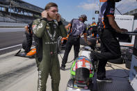 Conor Daly prepares to drive during practice for the Indianapolis 500 auto race at Indianapolis Motor Speedway in Indianapolis, Friday, Aug. 14, 2020. (AP Photo/Michael Conroy)