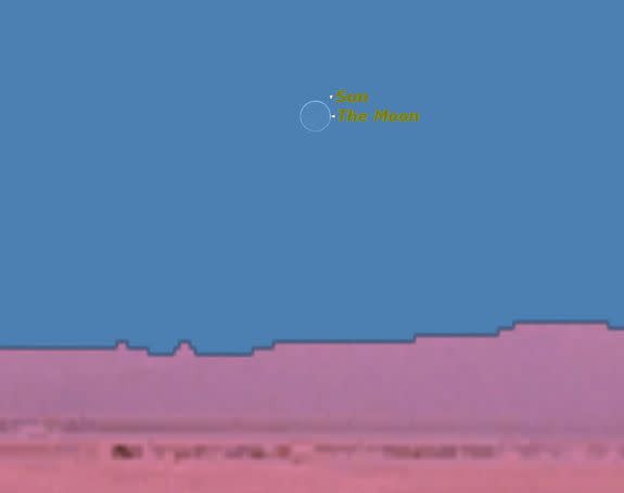 This sky map depicts the location of the sun and moon in the daytime sky during the annular solar eclipse of May 20, 2012 as viewed from North America. An annular solar eclipse occurs when the moon does not completely obscure the sun, leaving