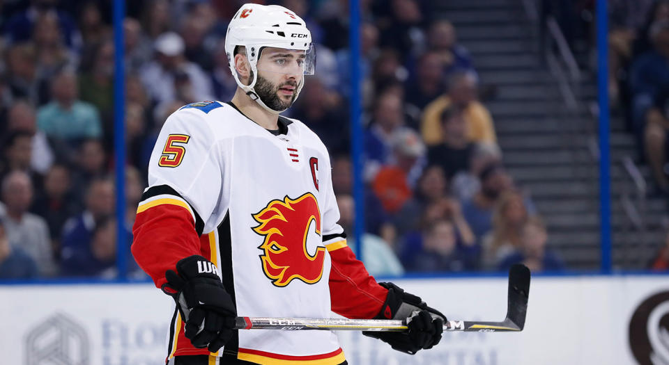 Flames captain Mark Giordano could face a suspension for his hit on Carolina’s Sebastian Aho. (Mark LoMoglio/Icon Sportswire via Getty Images)