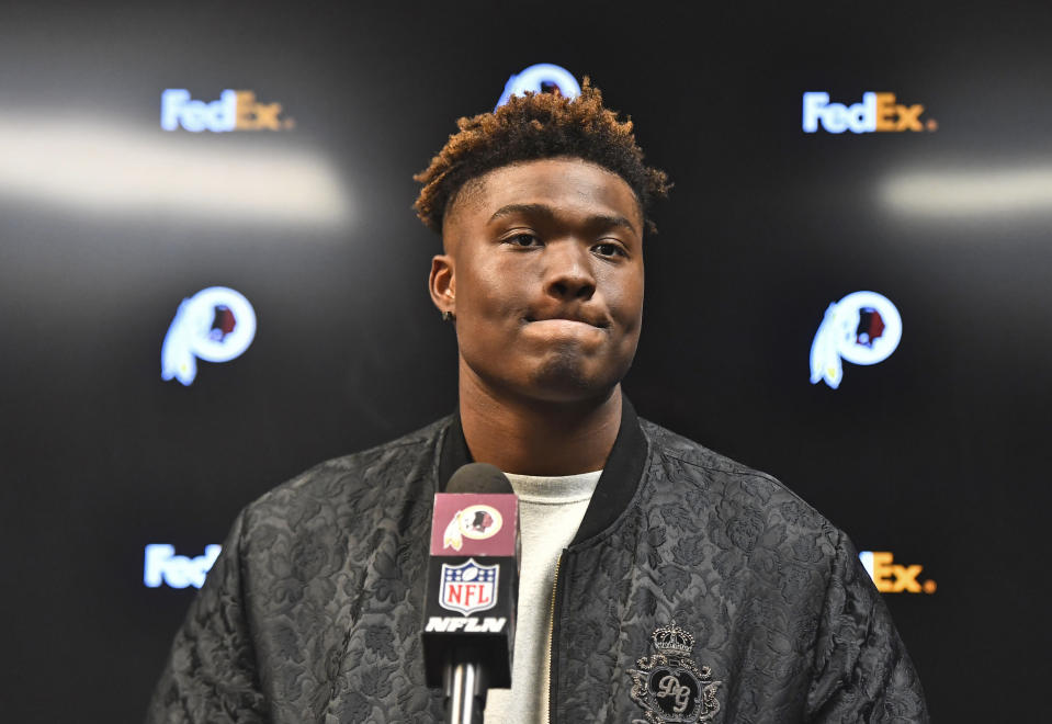 Washington Redskins quarterback Dwayne Haskins answers questions during after an NFL football game against the Buffalo Bills, Sunday, Nov. 3, 2019, in Orchard Park, N.Y. (AP Photo/Adrian Kraus)