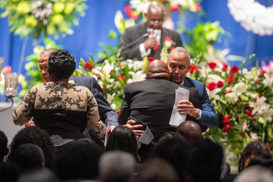 Harold Ford Sr. and Jr. console Tina and Luther Mercer Sr. as they leave their mother Shirlene Mercer's funeral service inside Carl Perkins Civic Center in Jackson, Tenn. on Wednesday, Aug. 9, 2023.
(Credit: Jamar Coach / Jackson Sun)