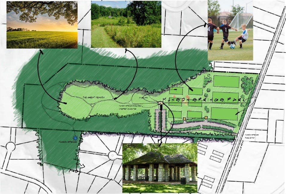 A concept drawing created by Munson Springs Steering Committee member Keith Myers, who is the former vice president of planning, architecture and real estate at Ohio State University, shows what a public park with pavilions and sports fields could look like on the 57-acre site along Newark-Granville Road.