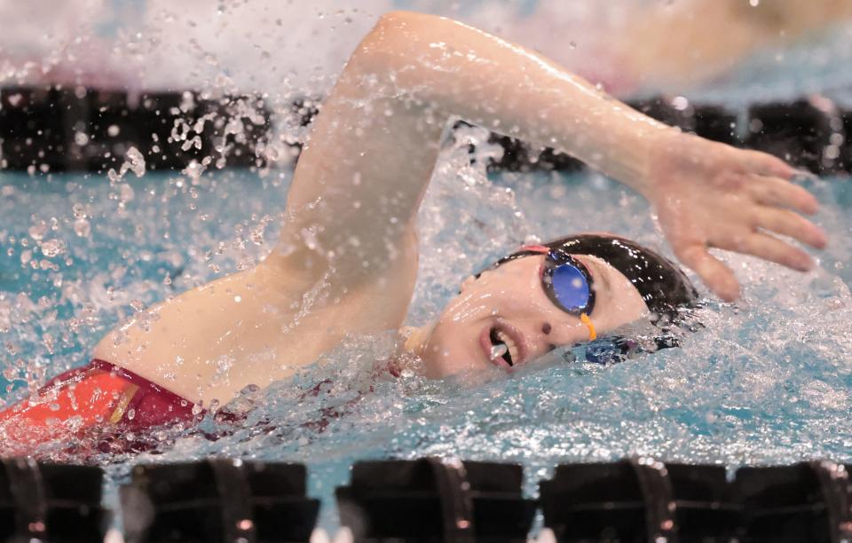 Marlington’s Caitlin Cox competes in the 500 yard freestyle at the OHSAA Div. II State Swimming prelims held at Branin Natatorium in Canton Ohio, Thursday, Feb. 23, 2023.