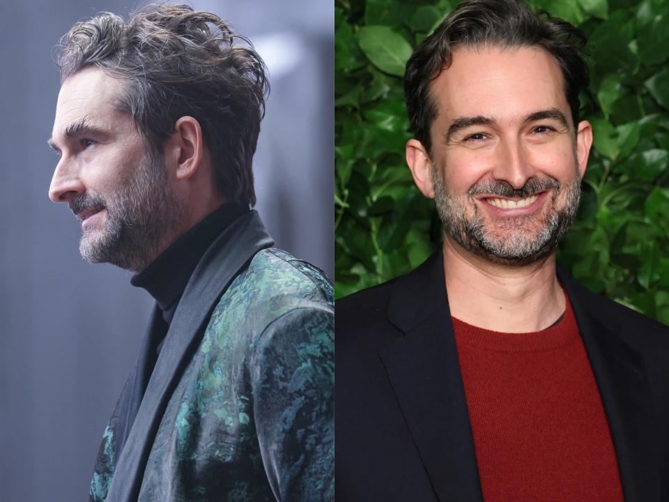 left: hades in percy jackson, with neatly trimmed facial hair and wearing a black and green suit; right: jay duplass smiling and wearing a casual blazer and tee shirt