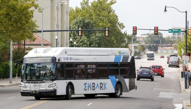 An EMBARK bus turns on NW 4 Street as it departs the Transit Center in downtown Oklahoma City. The MAPS 4 proposal includes two new bus rapid transit lines, 500 new bus shelters and funding for new transit technology.