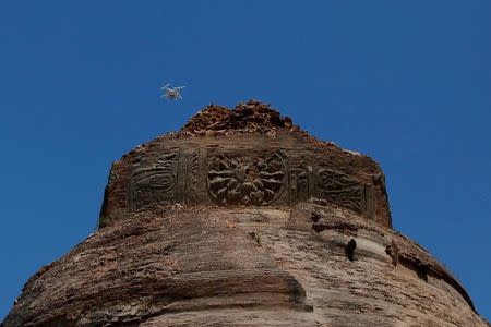 The top of a collapsed pagoda is seen after an earthquake in Bagan, Myanmar August 25, 2016. REUTERS/Soe Zeya Tun