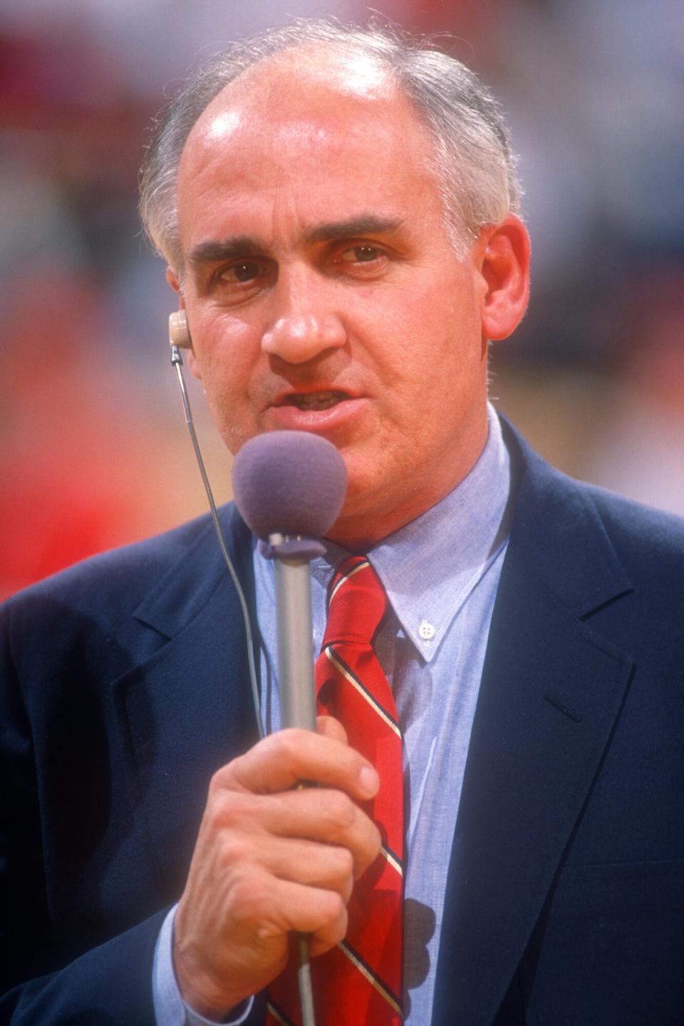 College basketball announcer Billy Packer on air before a college basketball game between the Maryland Terrapins and the Virginia Cavaliers at Cole Field House on January 17, 1989 in College Park, Maryland.