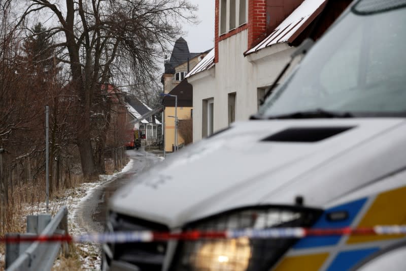 A firefighter truck is seen next to a home for people with disabilities which was affected by a fire, in Vejprty