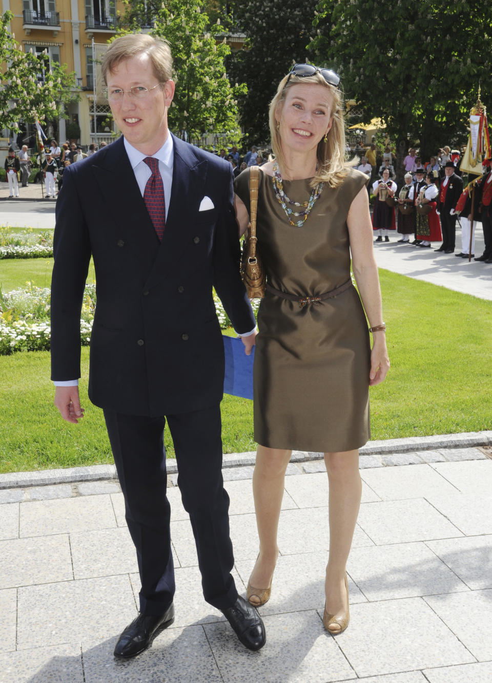 FILE - In this May 11, 2012 file photo Hereditary Prince Bernhard of Baden and his wife Princess Stephanie arrive at a festive matinee at the Baden-Baden Theatre in Germany. Hereditary Prince Bernhard of Baden will attend Britain's Prince Philip's funeral at St. George's Chapel at Windsor Palace on Saturday. (Uli Deck/DPA via AP)