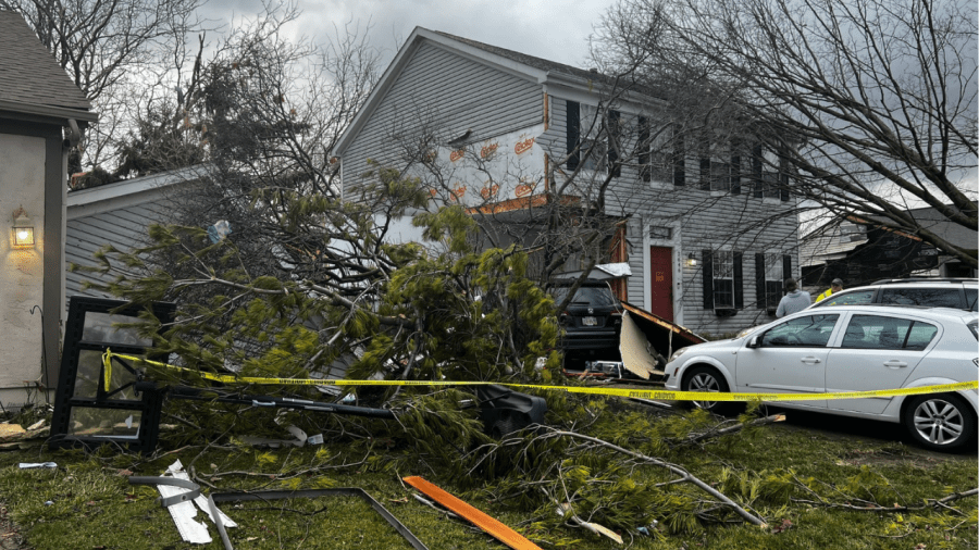 A strong storm system brought damage to a house in Hilliard, Ohio on February 28, 2024. (NBC4 Photo/Jordyn Dunlap)