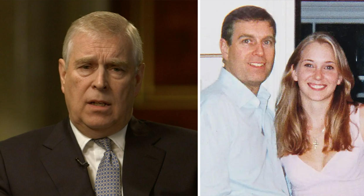 Prince Andrew during the explosive BBC interview; a photograph of Andrew with his accuser, Virginia Roberts (BBC)