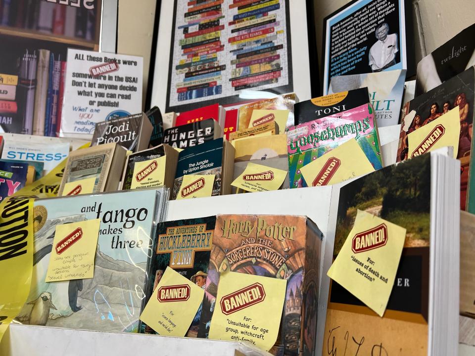 This July 22 photo shows a collection of banned books on display at the Family Book Shop in DeLand.