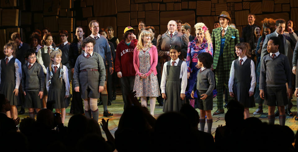 Lauren Ward, Bertie Carvel, Lesli Margherita & Gabriel Ebert with ensemble cast during the Broadway Opening Night Performance Curtain Call for 'Matilda The Musical' at the Shubert Theatre in New York City on 4/11/2013 (Photo by Walter McBride/Corbis via Getty Images)