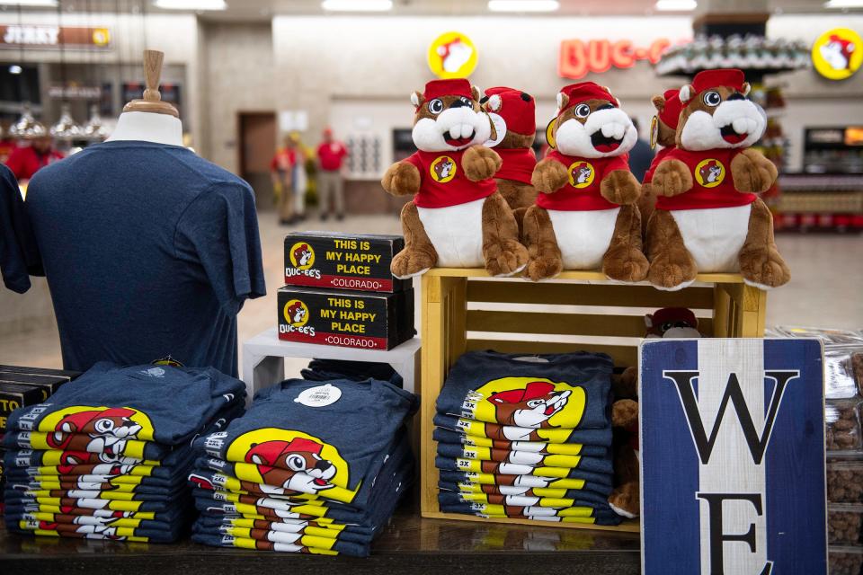 A display with Buc-ee the Beaver is pictured before the grand opening of Buc-ee's in Johnstown, Colo., on Monday, March 18, 2024.