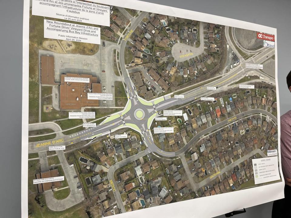 An image of the preliminary design of the proposed roundabout in Orléans at the intersection of Jeanne d’Arc Boulevard and Fortune and Vineyard  Drive.