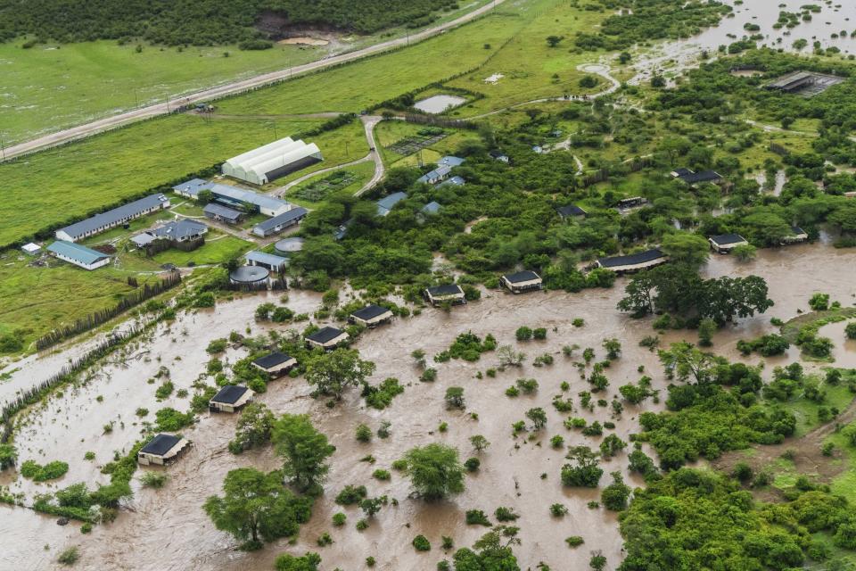 Aerial view of flooded Maasai Mara National Reserve, that left dozens of tourists stranded in Narok County, Kenya, Wednesday, May 1, 2024. Kenya, along with other parts of East Africa, has been overwhelmed by flooding. (AP Photo/Bobby Neptune)