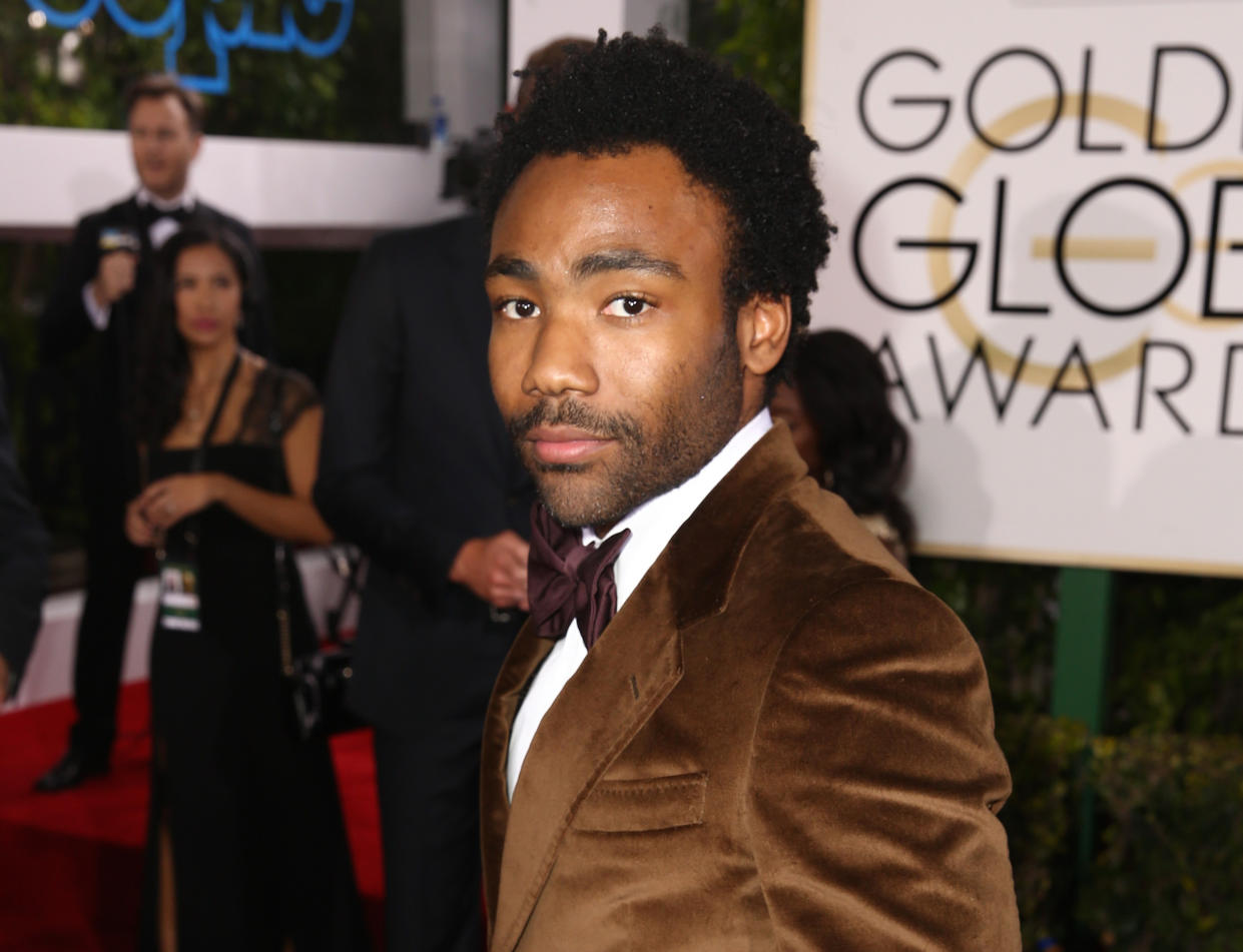 Donald Glover is the actual fire emoji in this brown suede tux at the Golden Globes