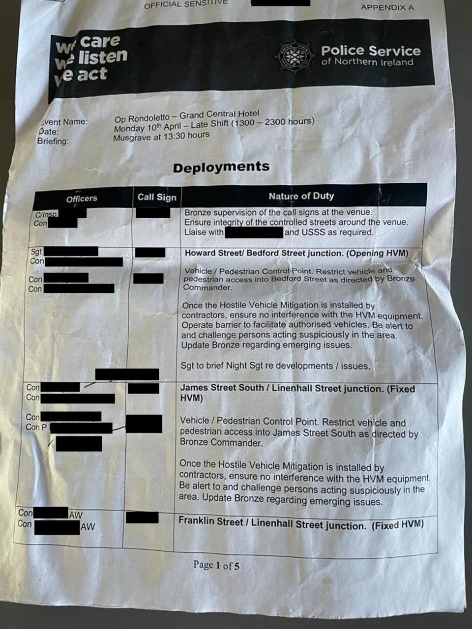 Redacted version of the security document said to have been found on the street (The Nolan Show/BBC)