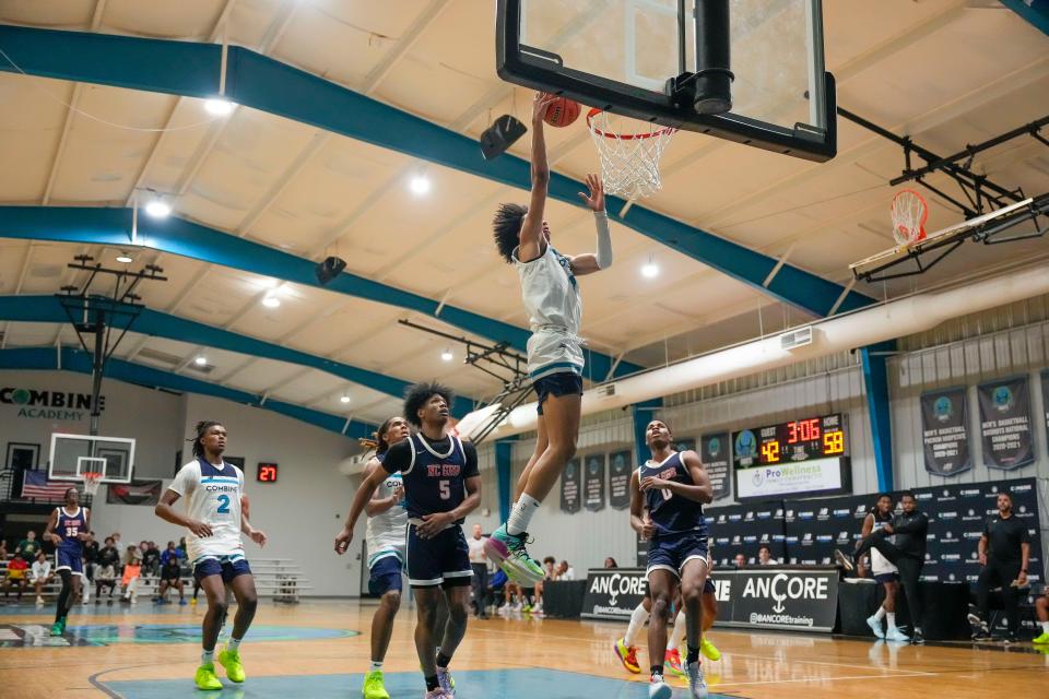 Dec 7, 2022; Lincolnton, NC, USA; Forward Trentyn Flowers goes for the dunk at Combine Academy. Mandatory Credit: Jim Dedmon-USA TODAY Sports