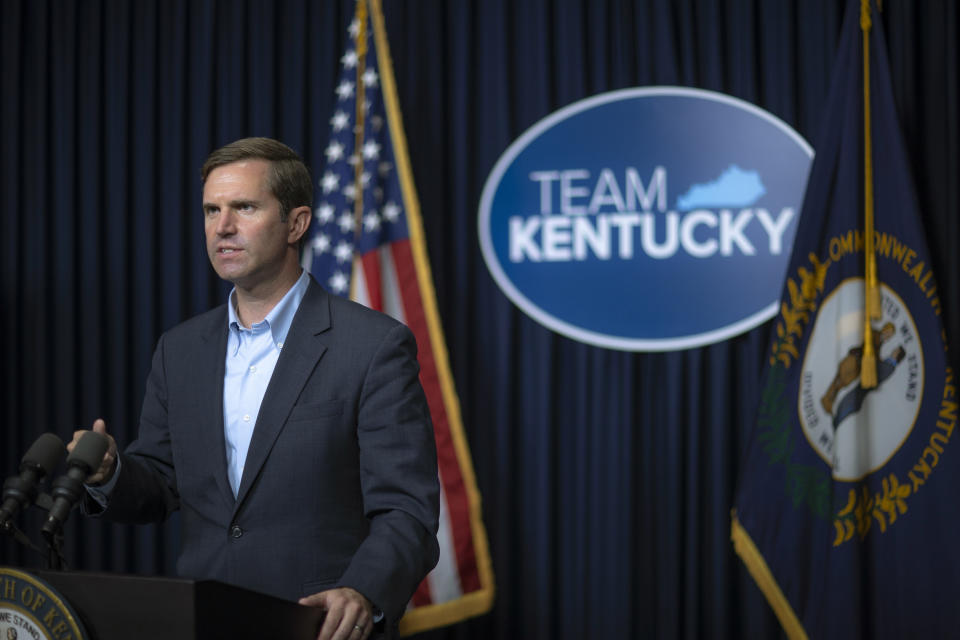 Kentucky Gov. Andy Beshear speaks during a media briefing about the COVID-19 pandemic at the state Capitol in Frankfort, Ky., on Monday, Aug. 23, 2021. (Ryan C. Hermens/Lexington Herald-Leader via AP)