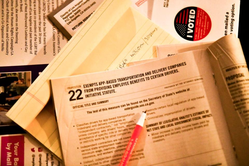 Election material is shown at a ballot Zoom party to go over measures up for a vote this election on October 15, 2020 in Los Angeles, California. (Photo by Rodin Eckenroth/Getty Images)