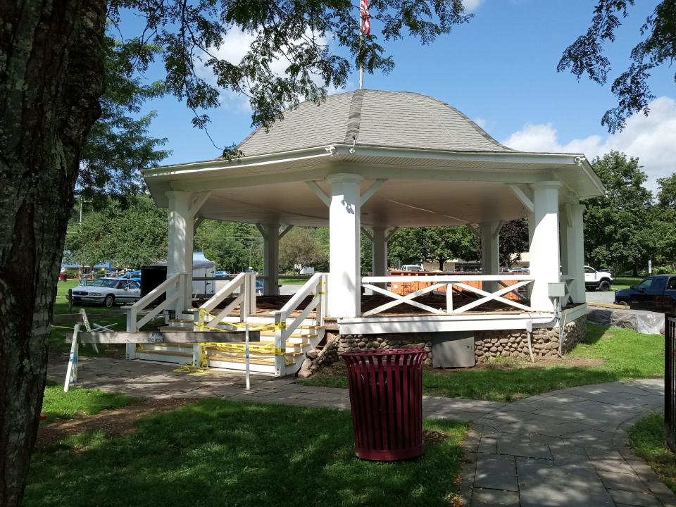 Now officially known as the Ellingsen Bandstand, the Hawley landmark built in 1932, is receiving a new wooden floor. A major rehabilitation commenced in June 2023. A wheelchair lift has been proposed to be installed on the side, which it was suggested may be placed to the right of the steps. The lift will be at no cost to the borough, Alan Cooper, board member of ARC of Wayne County stated. This picture was taken in late August.