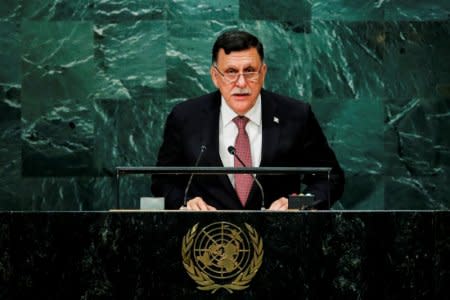 FILE PHOTO: Prime Minister of Libya's unity government Fayez Seraj addresses the United Nations General Assembly in the Manhattan borough of New York, U.S., September 22, 2016.  REUTERS/Eduardo Munoz