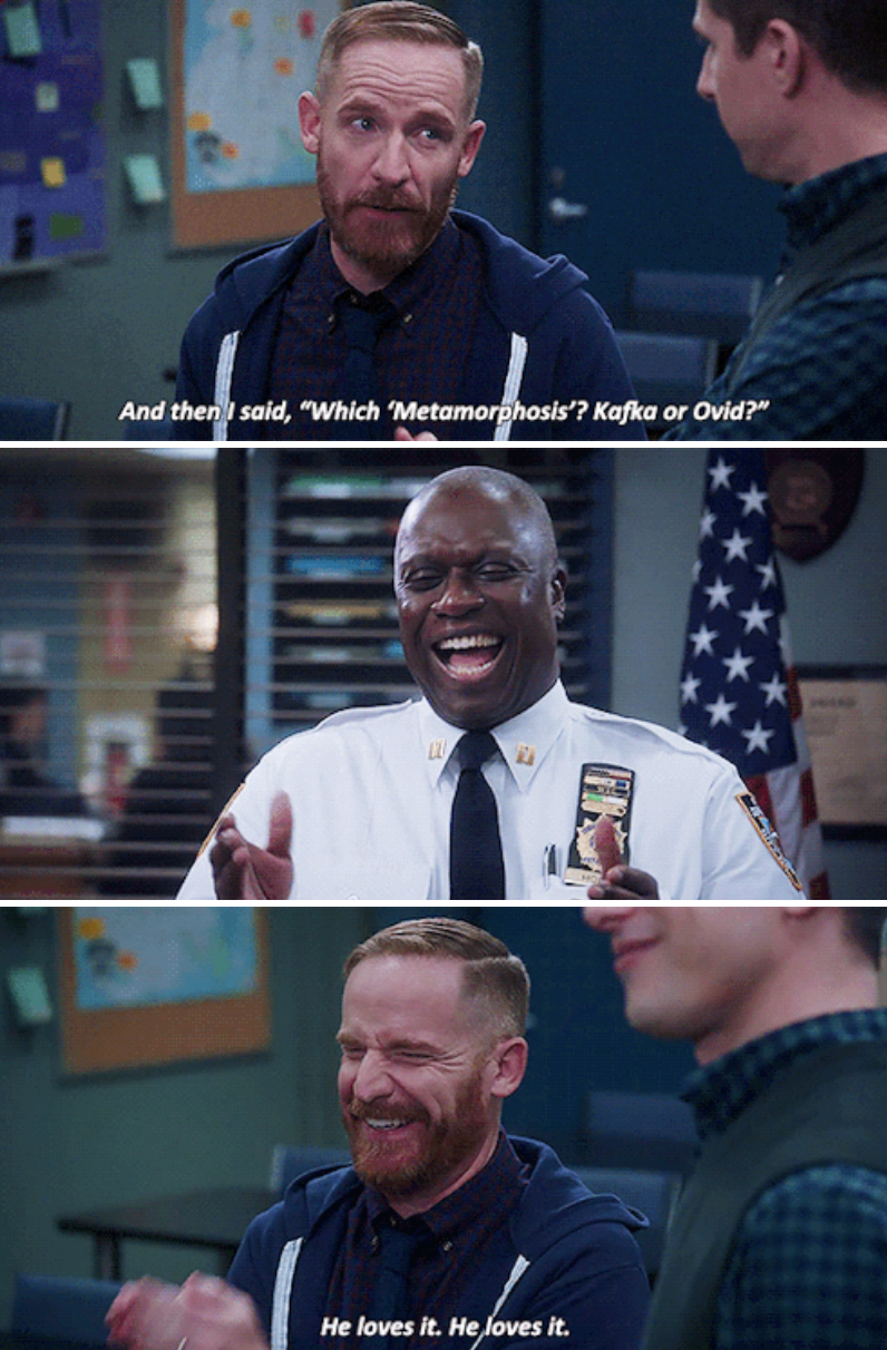 Kevin telling a nerdy joke and Captain Holt cracking up at it